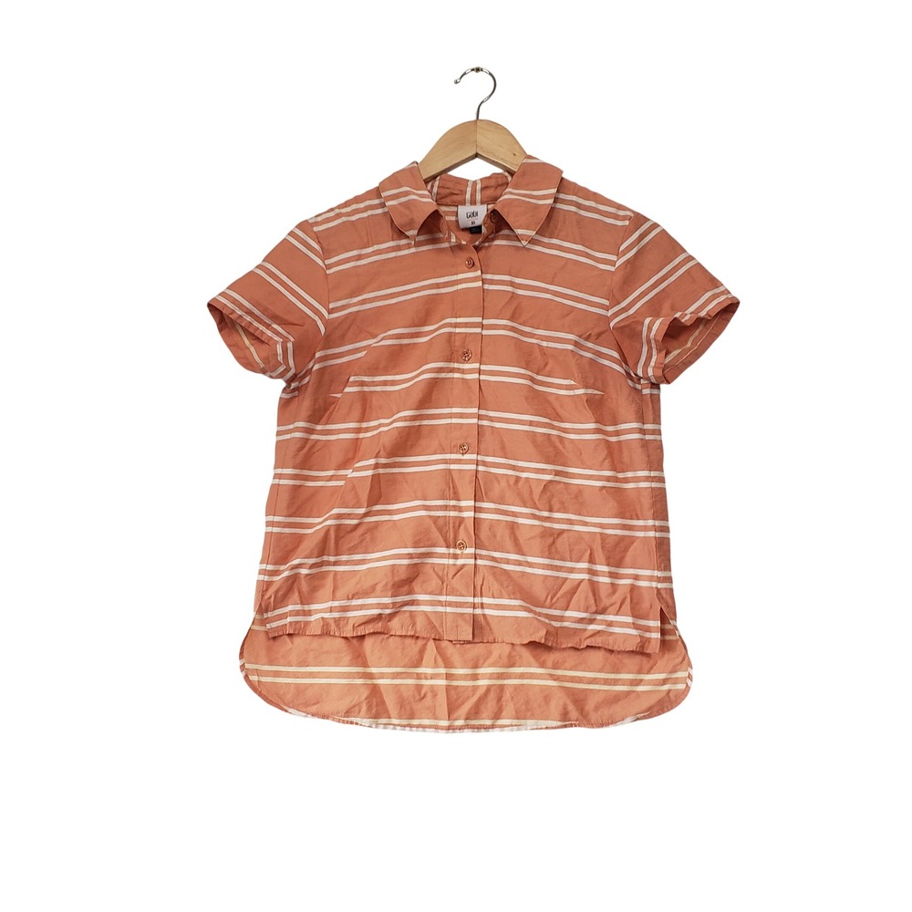 Cabi Striped Button Down Shirt‎ Womens XS Orange White Short Sleeve High Low Hem